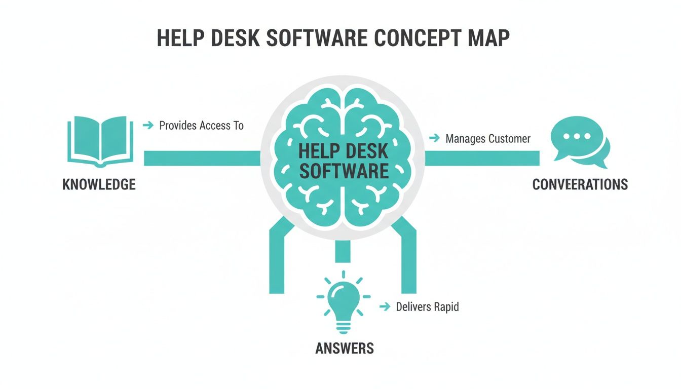 A concept map illustrating help desk software's role in providing knowledge, managing conversations, and delivering answers.