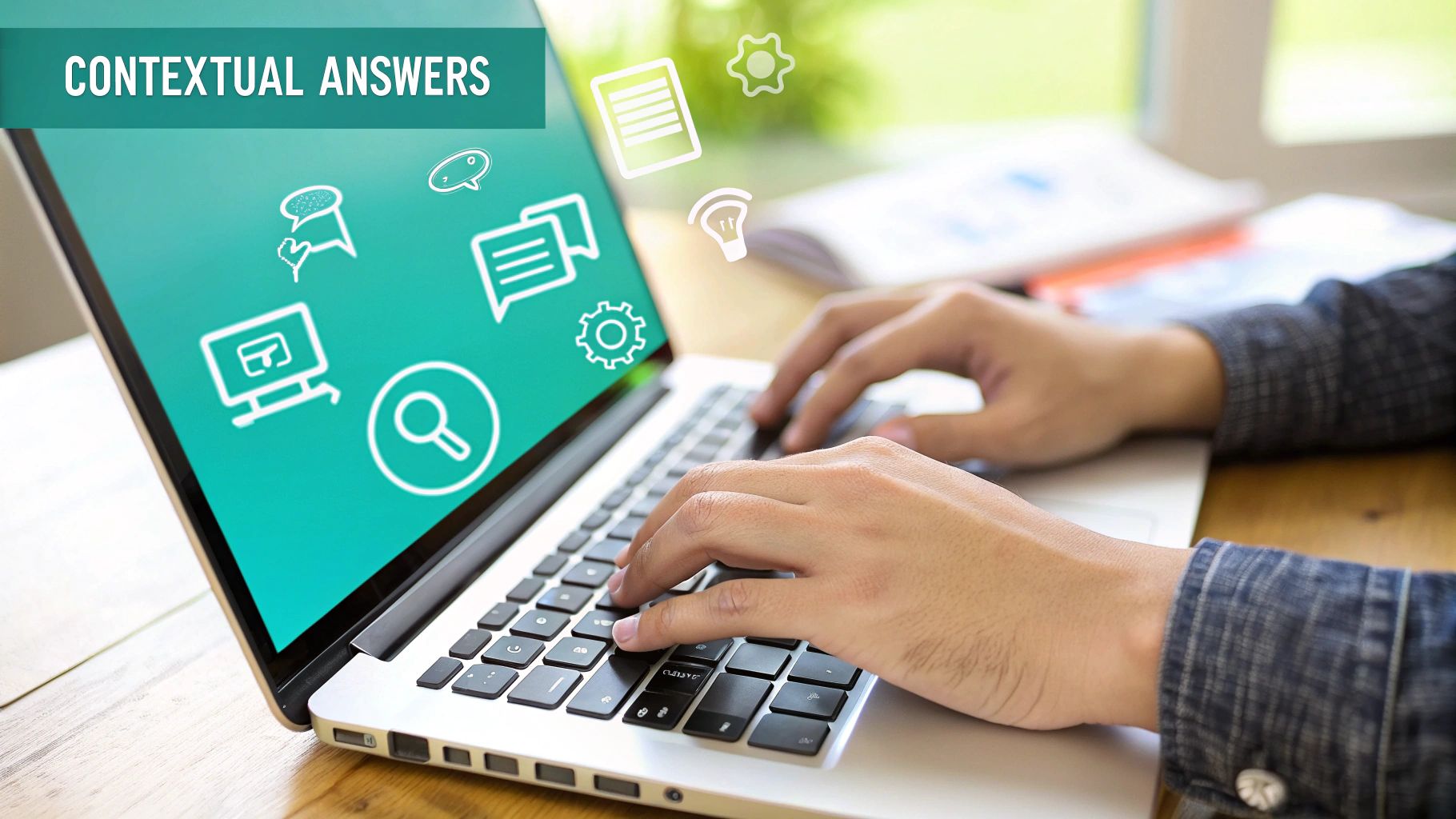 Hands typing on a laptop with digital icons and 'Contextual Answers' text on the screen.