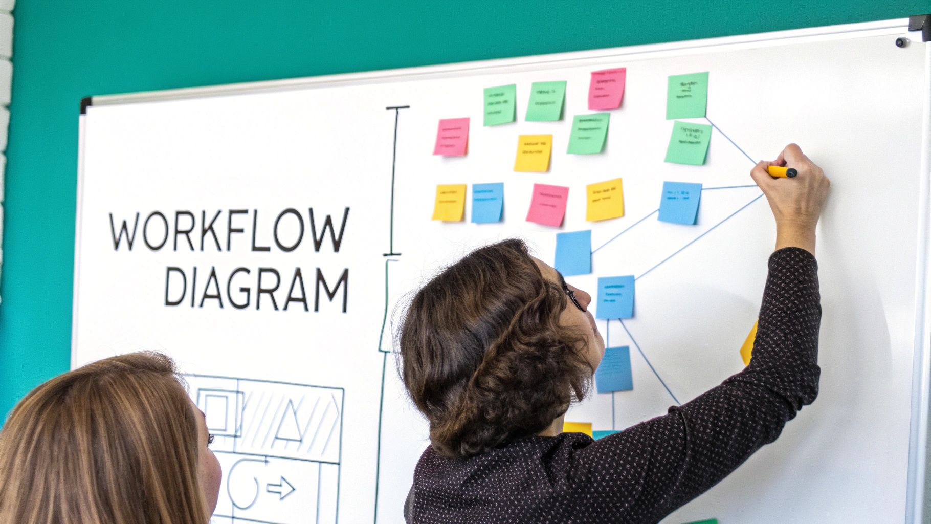 Two people creating a colorful workflow diagram on a whiteboard using sticky notes and markers.