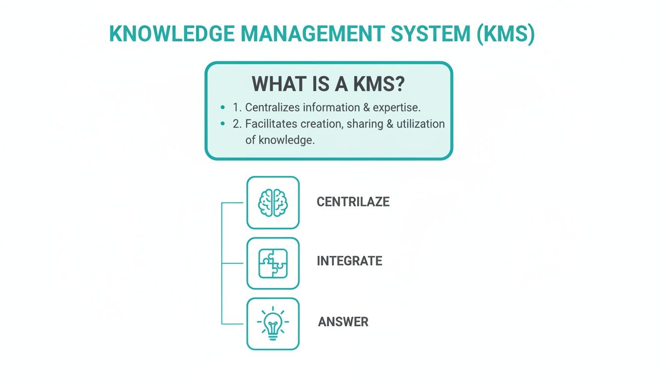 An infographic defining Knowledge Management System (KMS), highlighting its role in centralizing, integrating, and answering.
