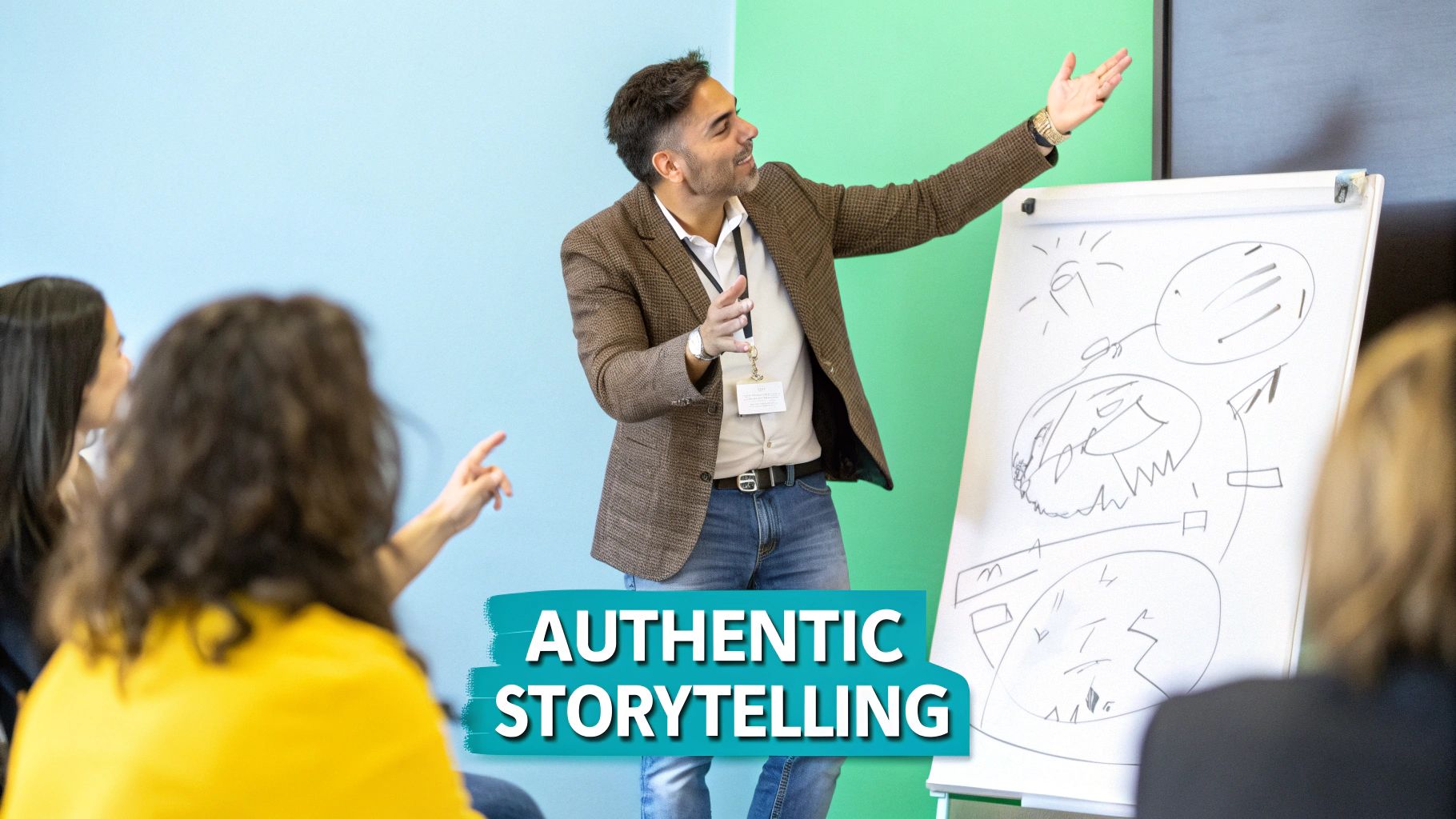 Professional presenter teaching authentic storytelling techniques to engaged audience using visual storyboard illustrations