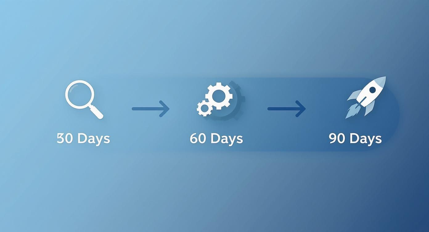 Timeline illustrating a 30, 60, 90-day plan with discovery, process, and launch phases.