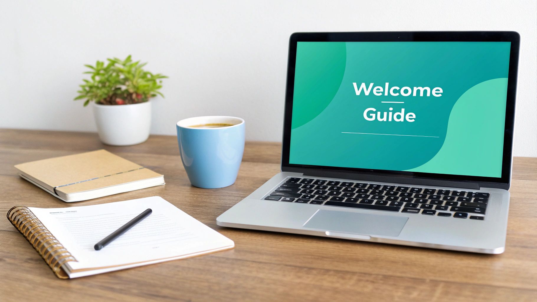 A laptop displaying a 'Welcome Guide' on a wooden desk with a coffee mug, plant, and notebooks.
