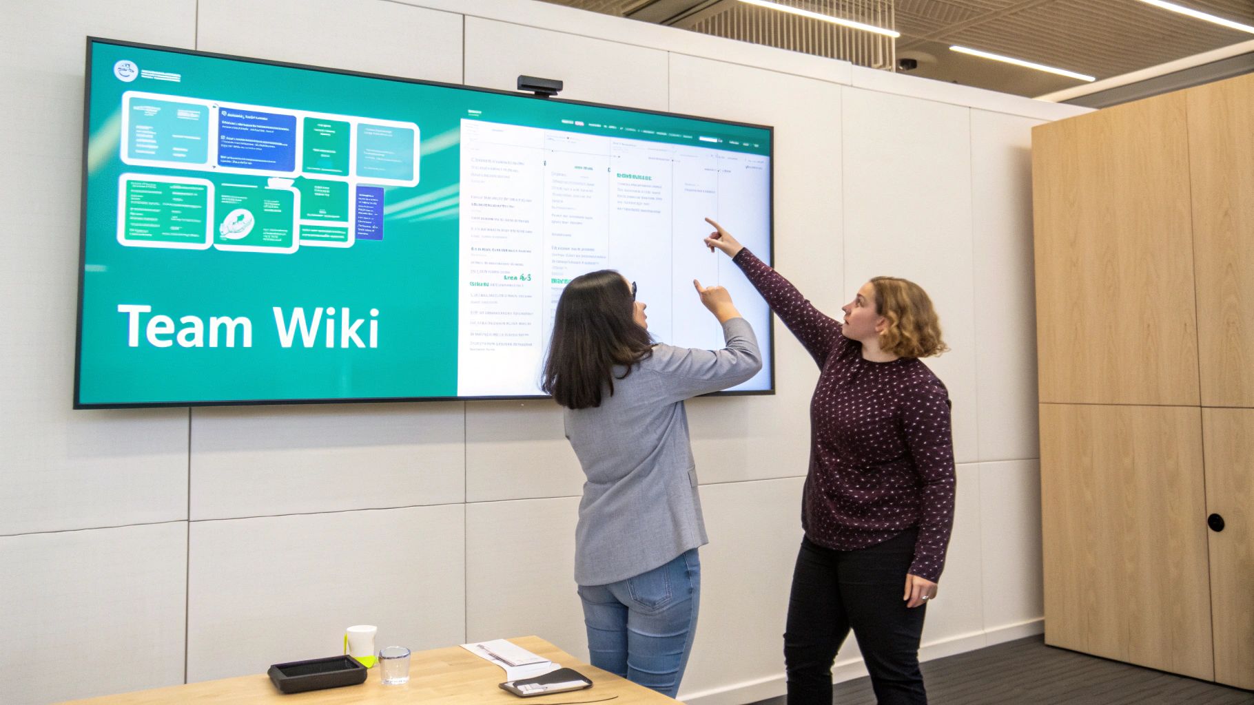 Two women collaborate, pointing and touching a large digital screen displaying a 'Team Wiki' in an office.