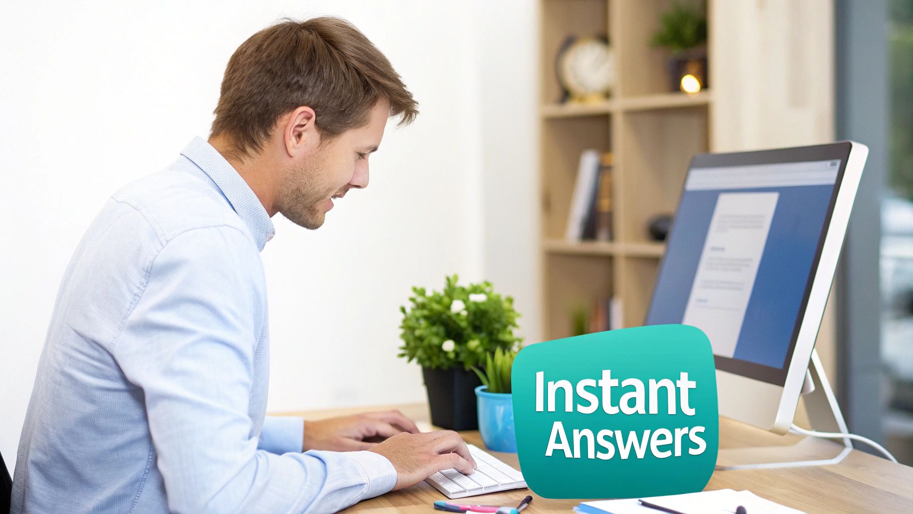 Professional man using computer for instant customer support and automated question answering service