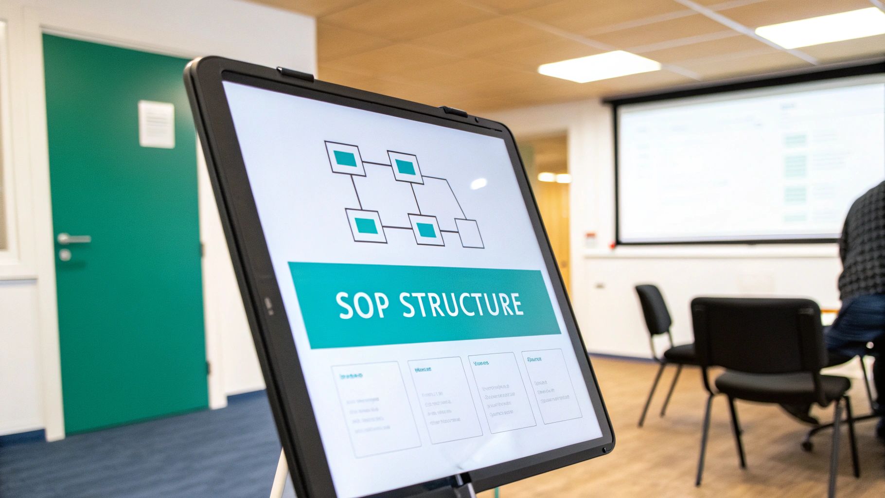A digital display shows an SOP structure flowchart with the title 'SOP STRUCTURE' in a meeting room.