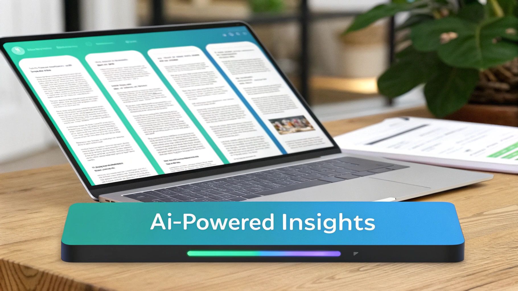 A laptop displaying AI-powered insights in a document, with a glowing device on a wooden desk.