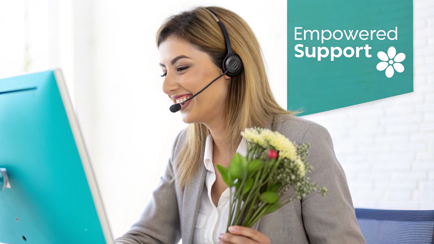 A smiling customer service agent with a headset holds flowers while working, an "Empowered Support" banner visible.