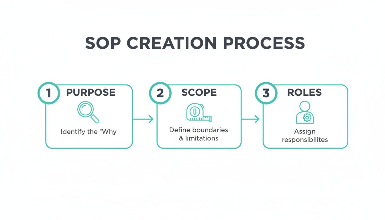 A three-step diagram outlining the SOP creation process: Purpose, Scope, and Roles.
