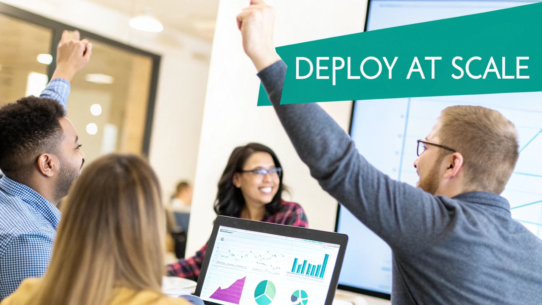 Diverse team collaborates in a meeting, with a laptop displaying charts and 'DEPLOY AT SCALE' text.