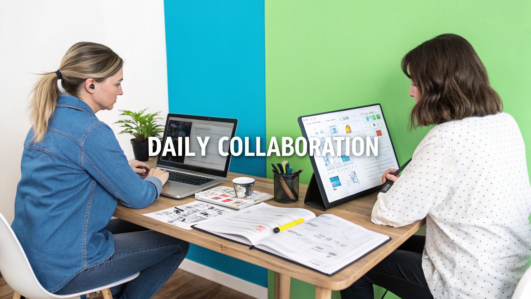 Two women collaborating at a desk with laptops and tablets, depicting daily teamwork.
