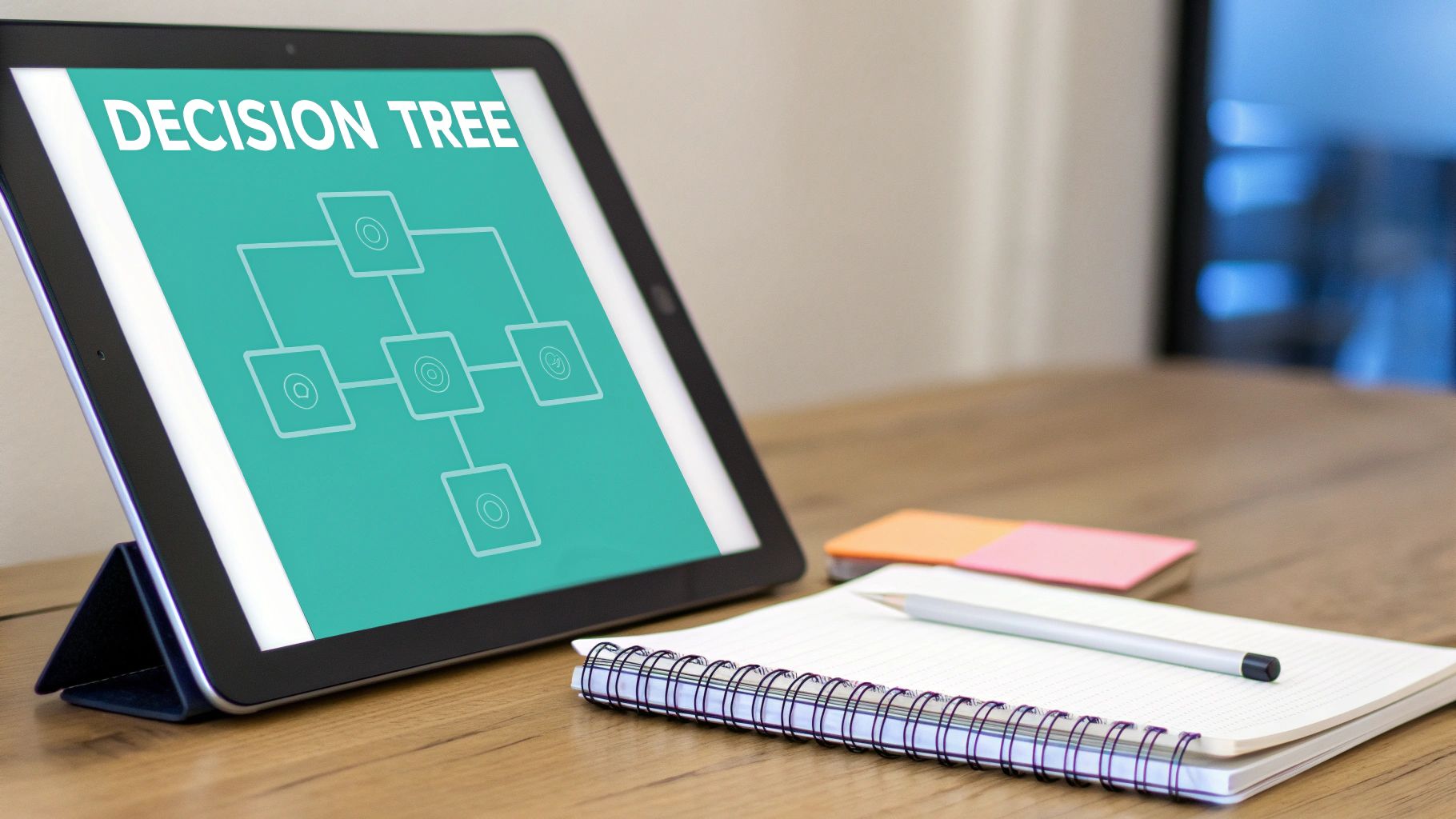 A tablet displays a decision tree diagram, with a notebook and pencil on a wooden desk.