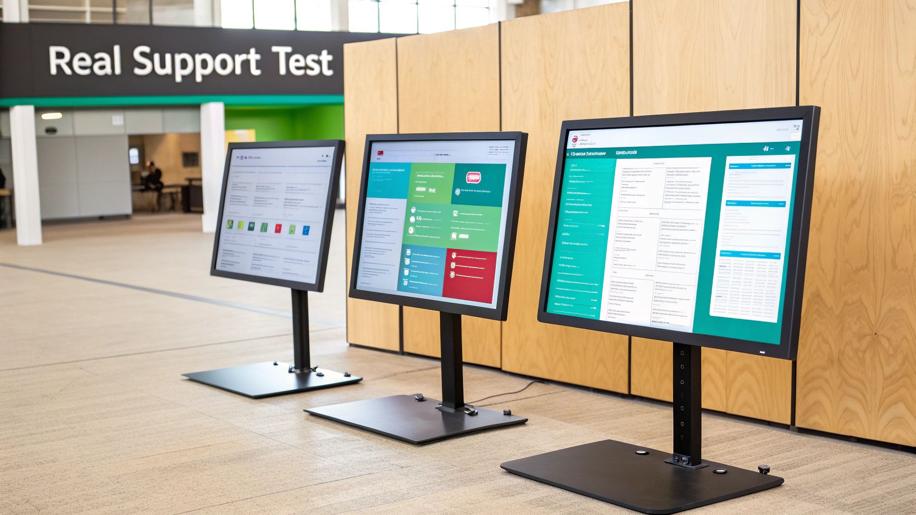Three digital displays showcasing help desk software interfaces in a modern 'Real Support Test' environment.