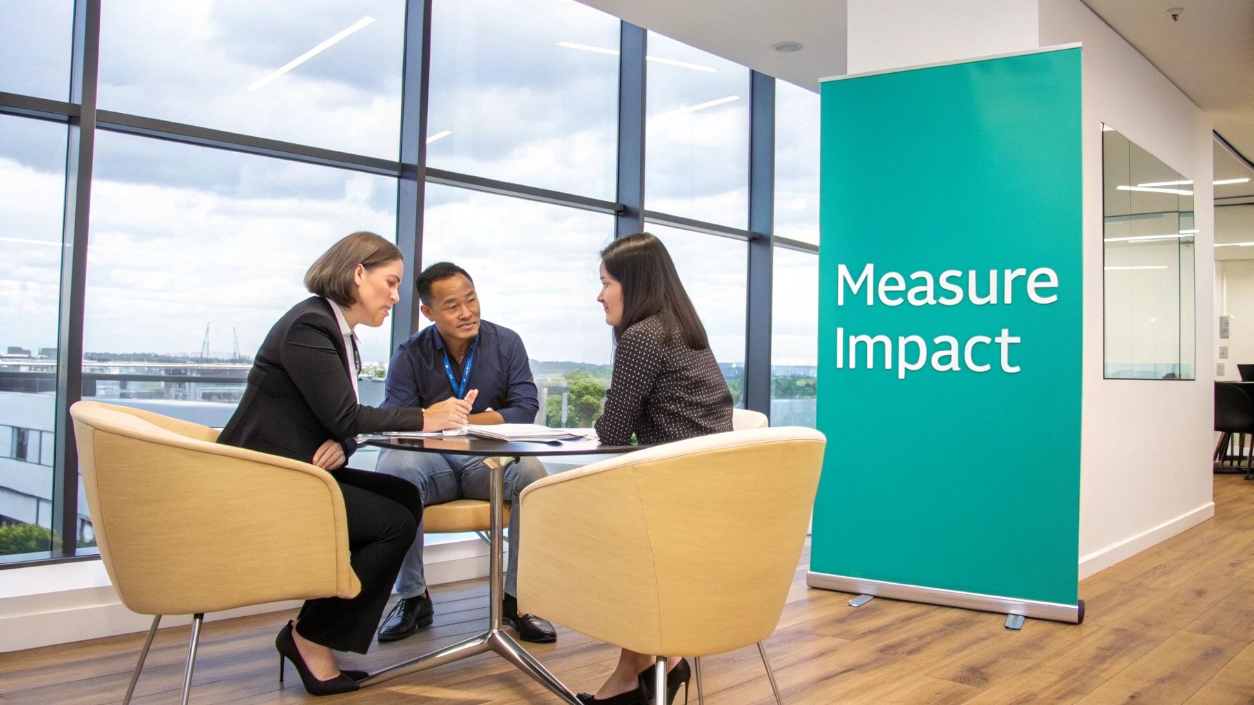 Diverse business team collaborating at a table in a bright office next to a "Measure Impact" banner.