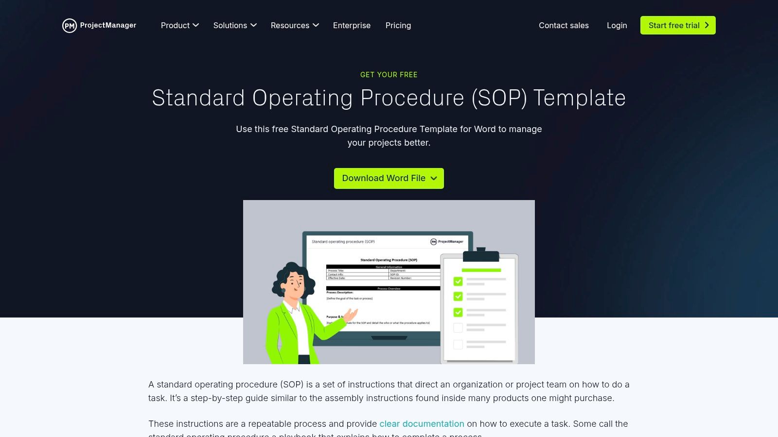 A screenshot of the ProjectManager.com website showing its free Standard Operating Procedure (SOP) template available for download.