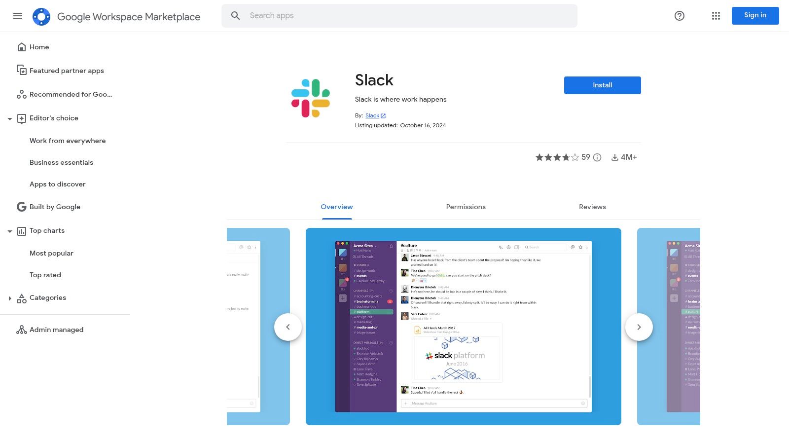 Google Workspace Marketplace – Slack listings