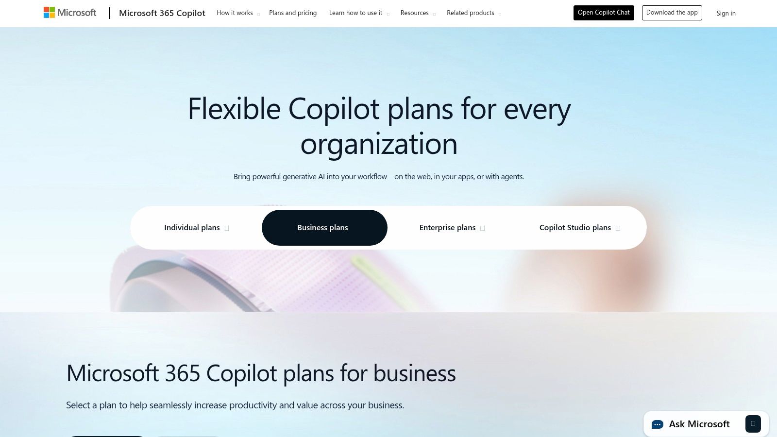 Microsoft 365 Copilot plans and pricing information