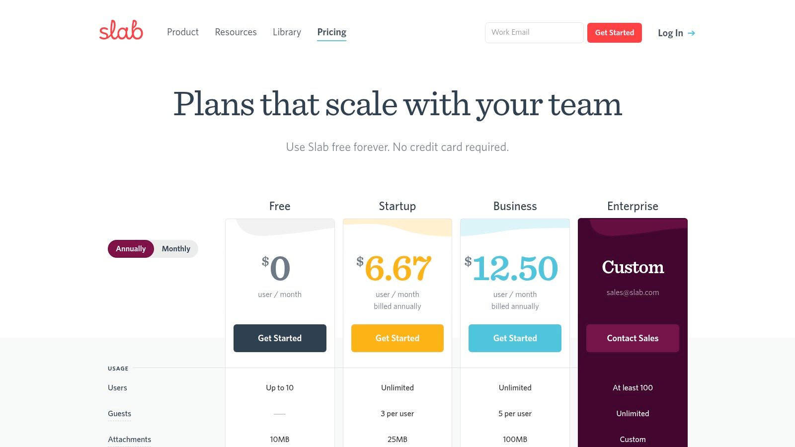Slab pricing plans showing Free, Startup, Business, and Enterprise tiers