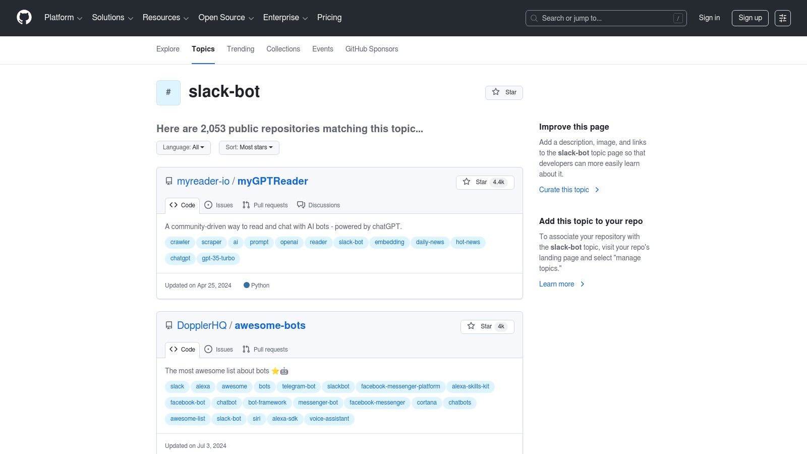 GitHub Topics – Open‑source Slack apps/bots