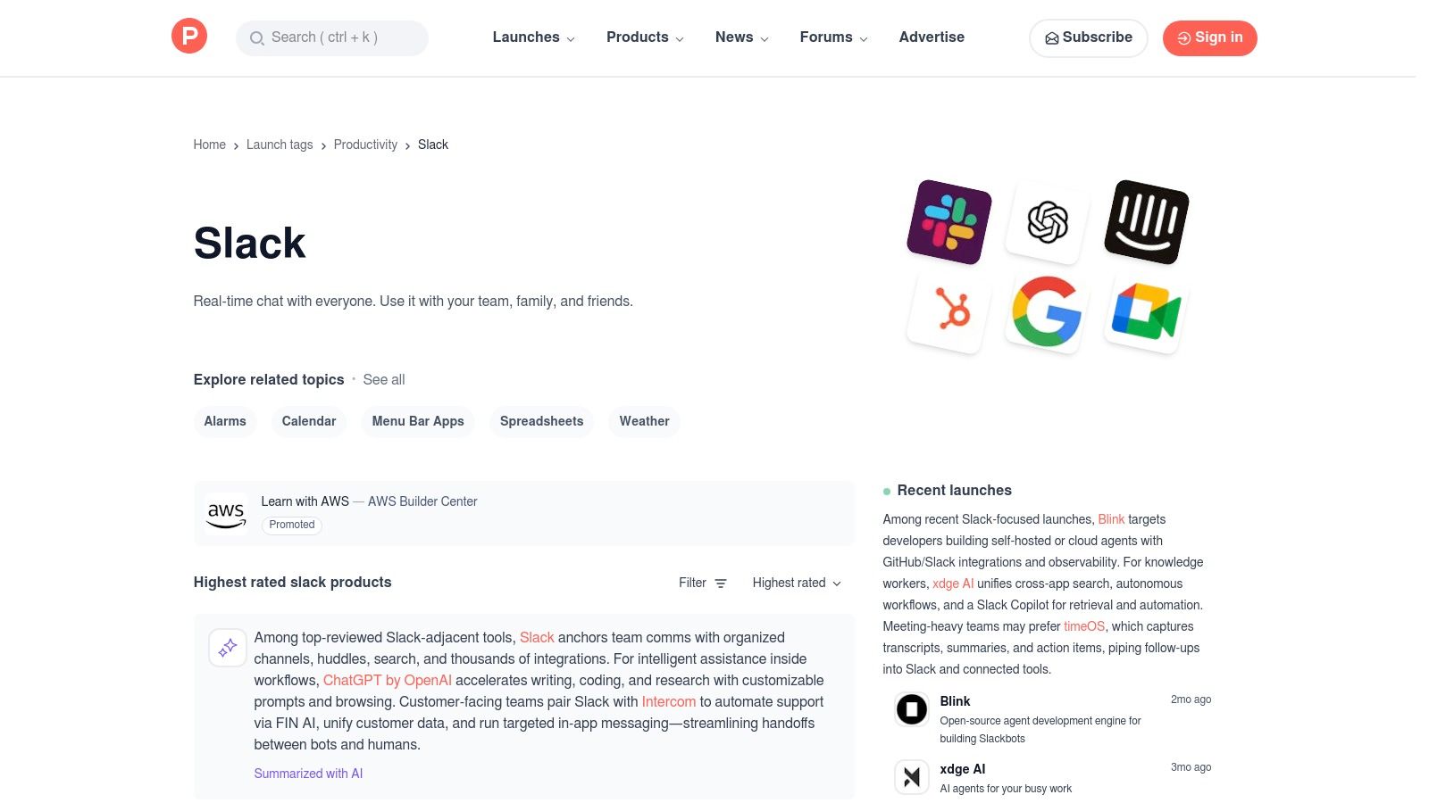 Product Hunt – Slack Topic and App Pages