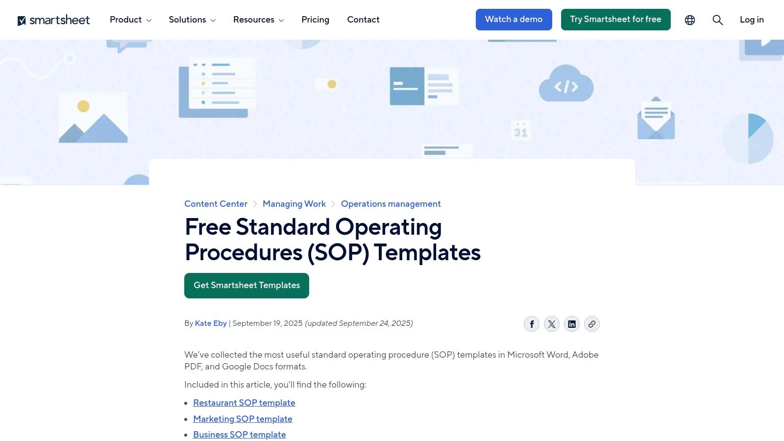 A screenshot of the Smartsheet website showing a variety of standard operating procedure templates available for download.