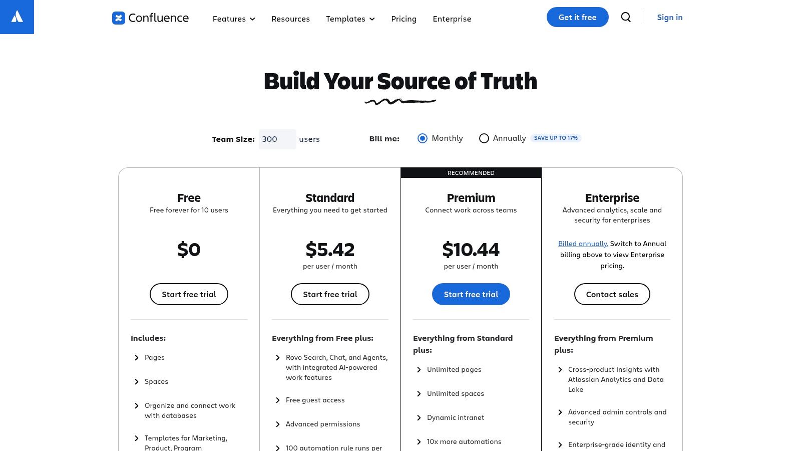 Atlassian Confluence pricing plans