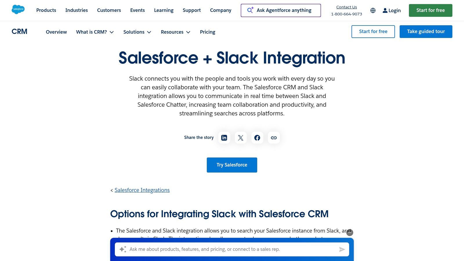 A screenshot of the Salesforce and Slack integration page, showing logos and highlighting the connection between the two platforms.