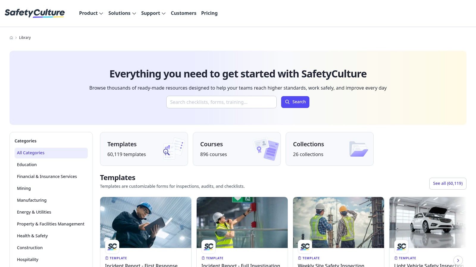 A screenshot of the SafetyCulture website showcasing its public library of operational checklists and templates.