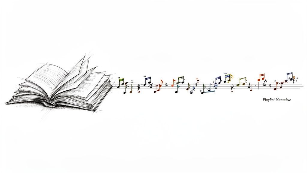 A creative sketch of an open book transforming into a musical staff with colorful notes, titled 'Playlist Narrative'.