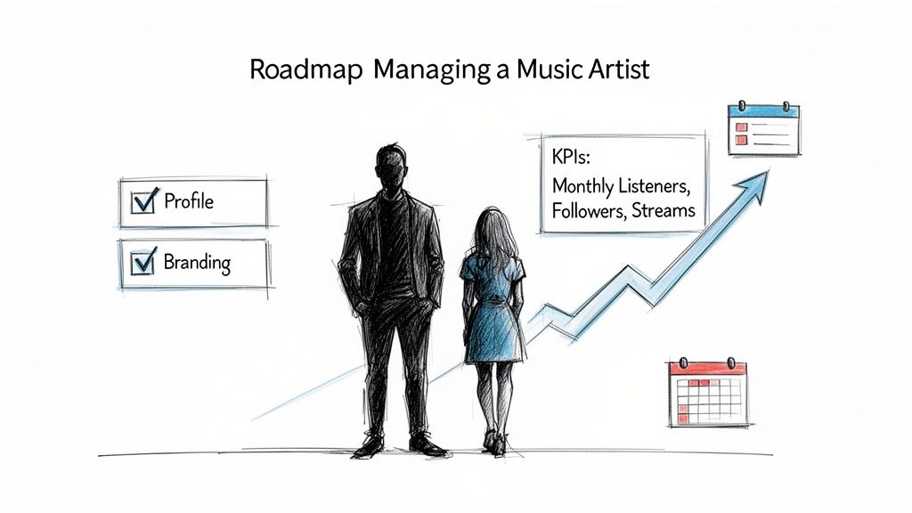 Roadmap for managing a music artist with tasks, KPIs like listeners and streams, and growth.