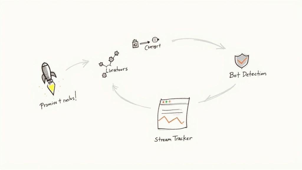 A hand-drawn flowchart illustrating a system workflow for data processing, bot detection, and stream tracking.