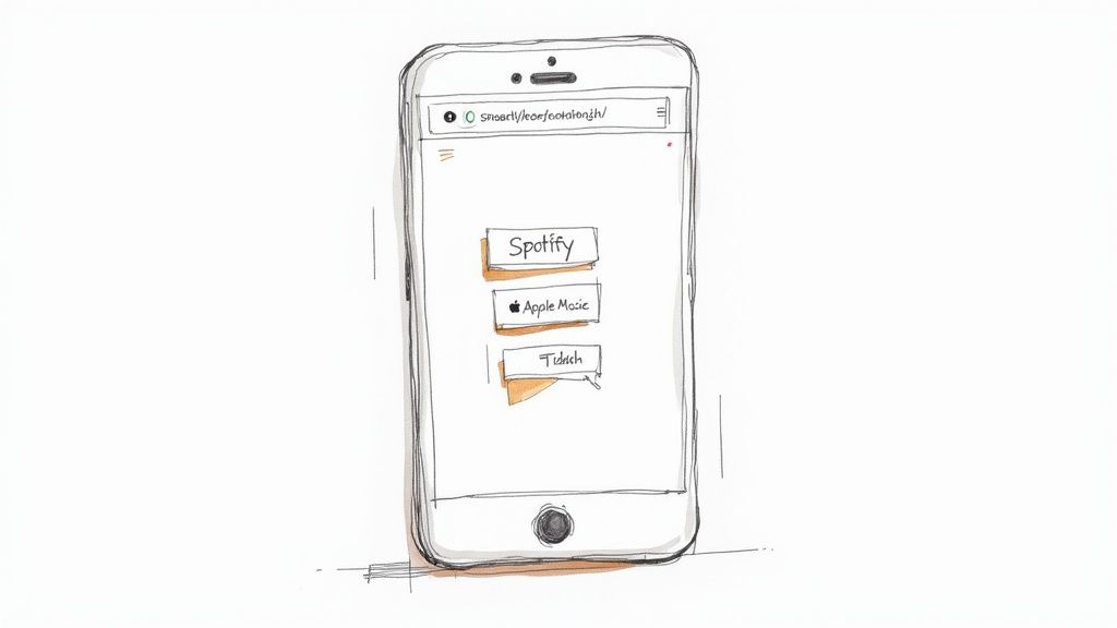 Hand-drawn smartphone displaying a web page with options for Spotify, Apple Music, and Tidal music services.