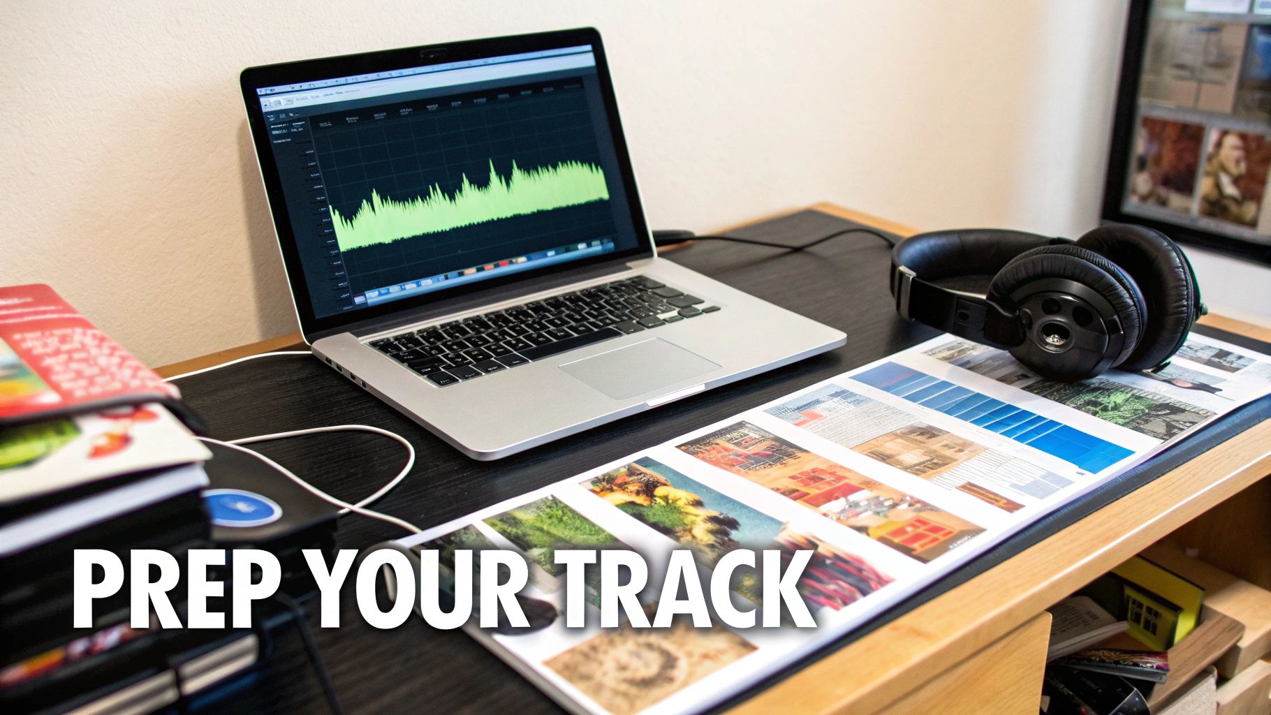A laptop displaying audio waveforms, headphones, and documents on a desk, illustrating music preparation.