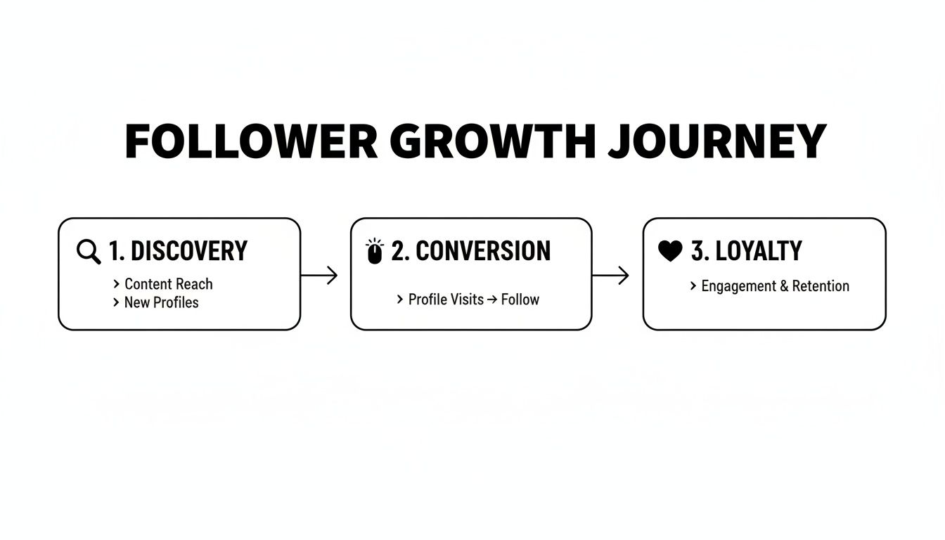 A diagram outlining the three stages of a follower growth journey: Discovery, Conversion, and Loyalty.