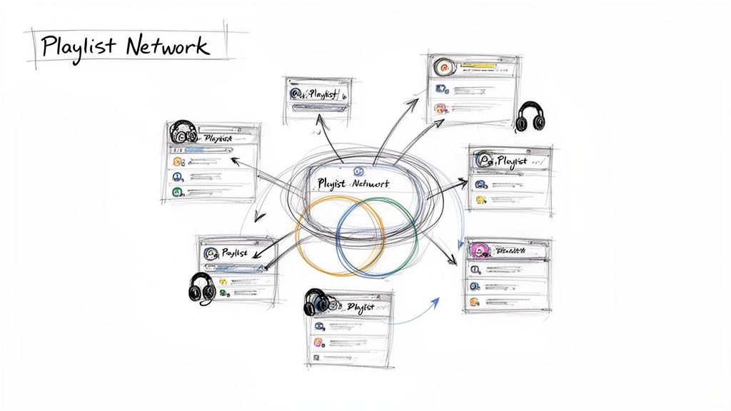 Hand-drawn diagram illustrating a 'Playlist Network' with interconnected music playlists and user icons.