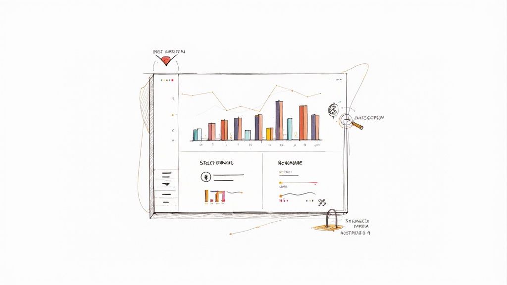 A conceptual whiteboard sketch of a data analytics dashboard with various charts.