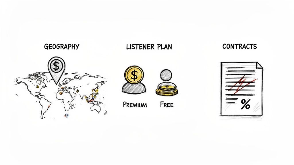Illustration depicting factors affecting content revenue: geography, listener plans (premium/free), and contracts.