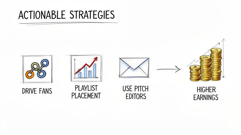 Diagram illustrating actionable strategies: drive fans, playlist placement, and use pitch editors, leading to higher earnings.