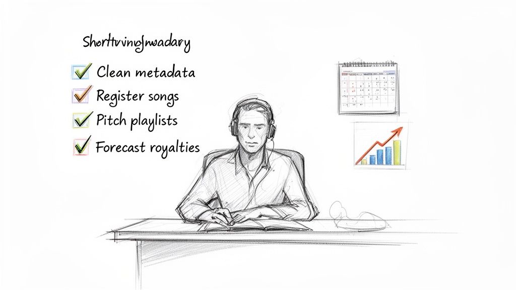 Hand-drawn sketch of a man reviewing a music industry checklist with items like royalties, metadata, and playlists.