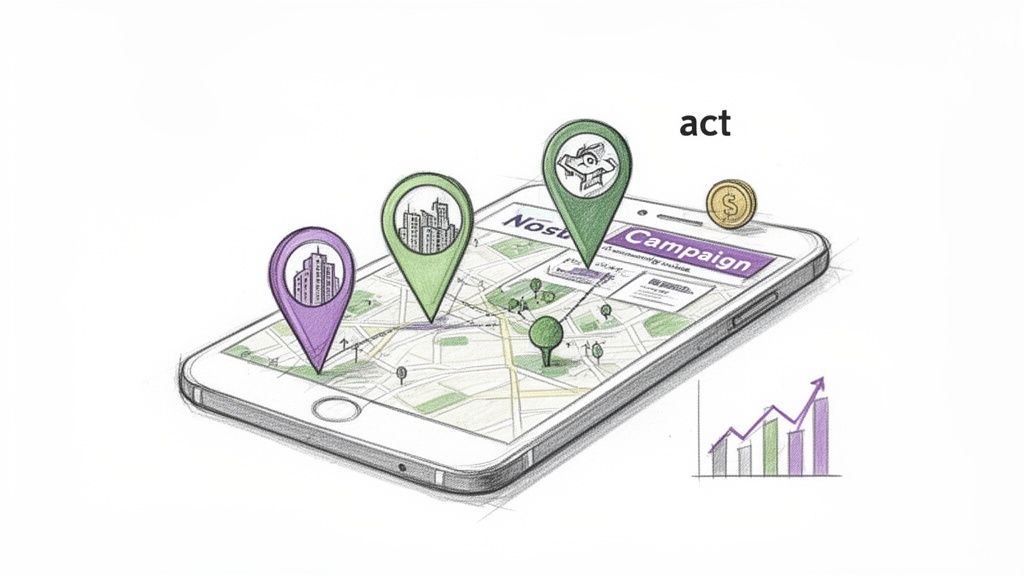 Smartphone displaying a map with location pins, showing a campaign, money, and growth chart, for localized action.