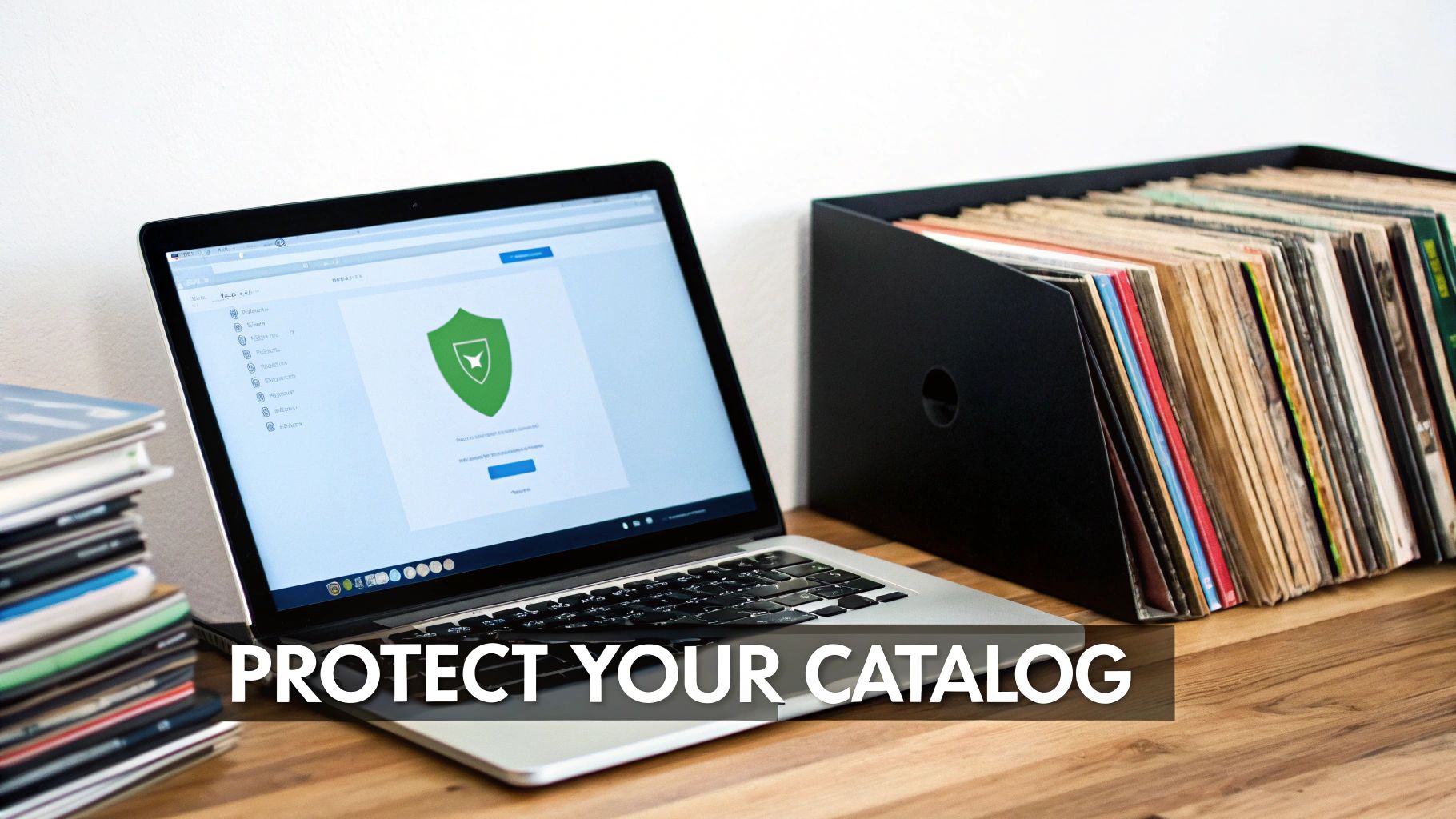A laptop displaying a green shield security icon next to a collection of vinyl records, illustrating catalog protection.