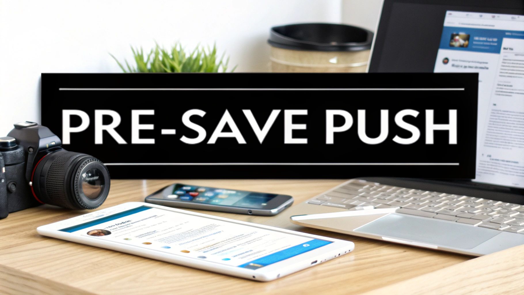 A black sign reading "PRE-SAVE PUSH" on a wooden desk with camera, smartphone, tablet, and laptop.