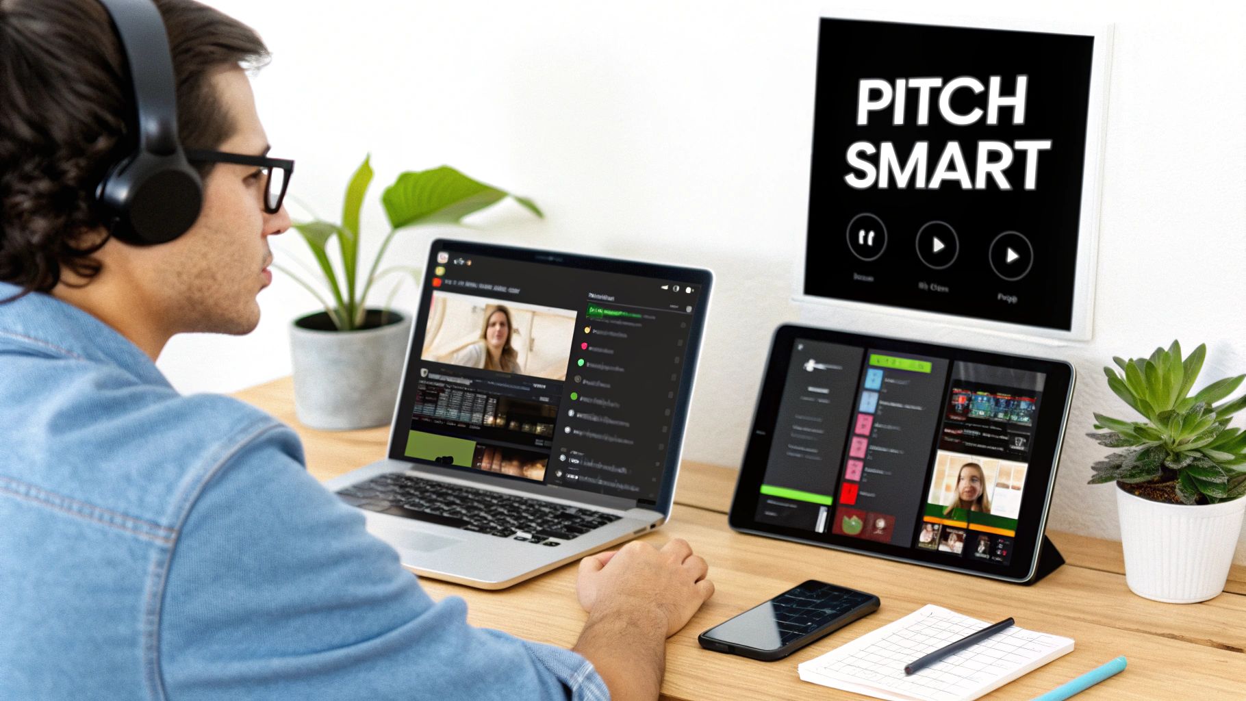 A man wearing headphones and glasses participates in a virtual presentation using a laptop and tablet, with a 'PITCH SMART' screen.