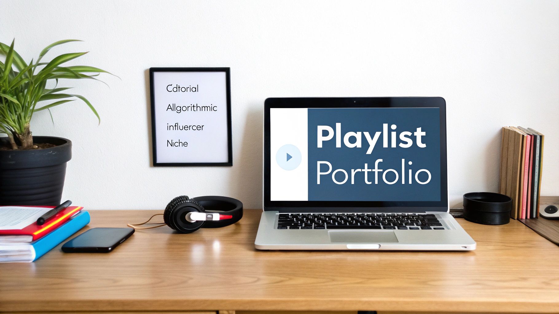 A modern workspace with a laptop displaying 'Playlist Portfolio' and a framed list of keywords.