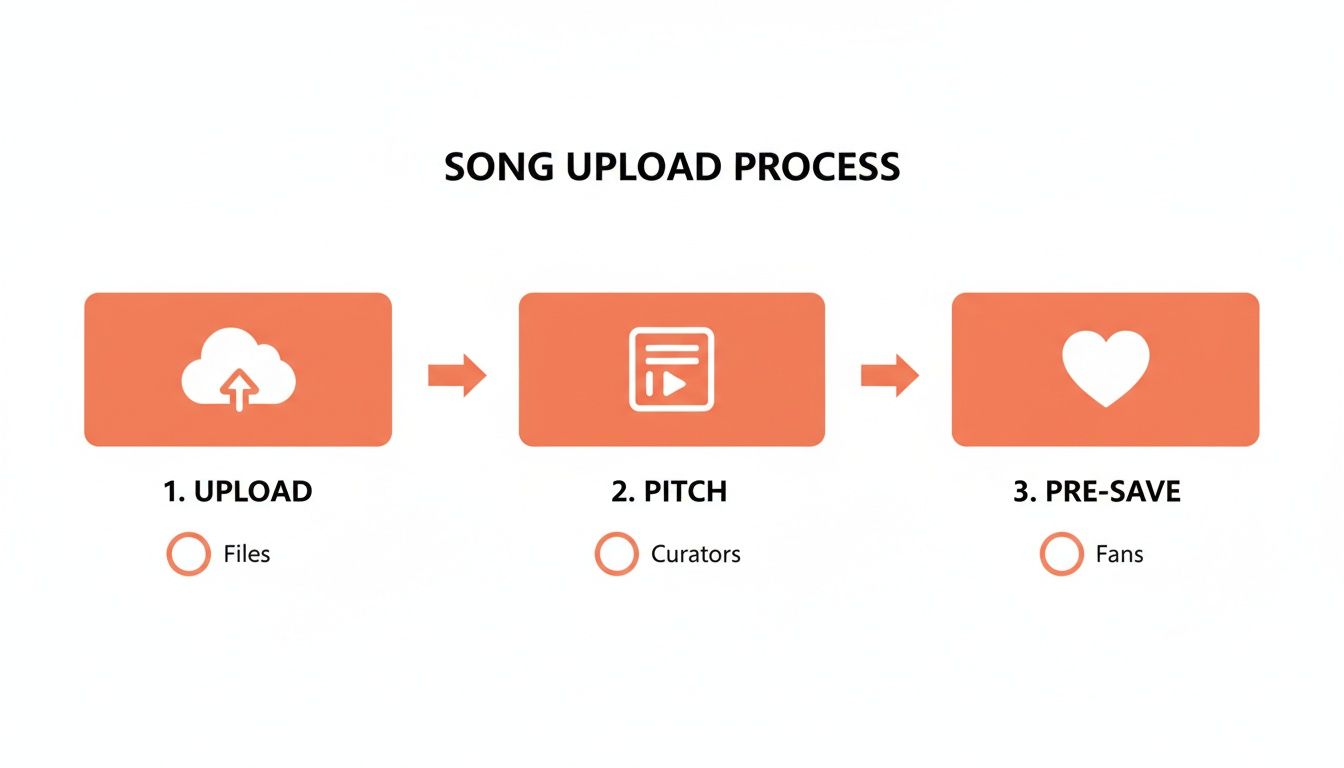 Flowchart illustrating the song upload process: upload files, pitch to curators, and pre-save for fans.