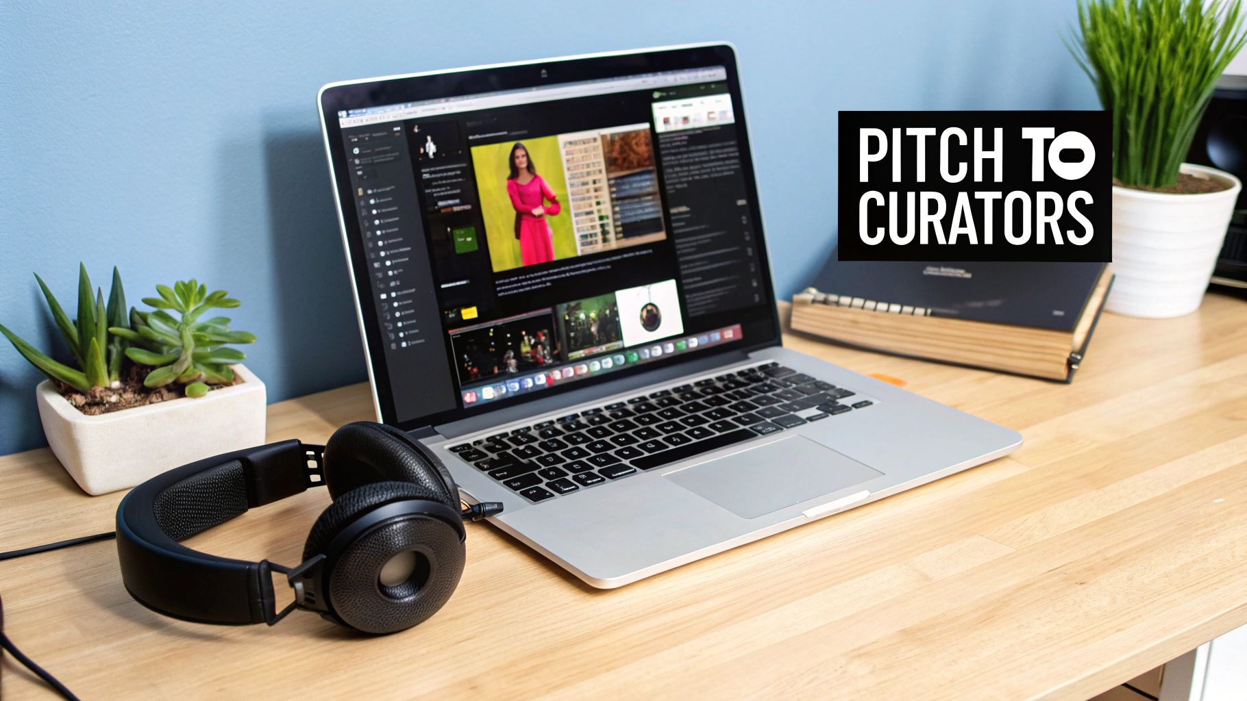 A laptop displaying media content on a wooden desk with headphones, plants, and books, featuring a 'PITCH TO CURATORS' overlay.