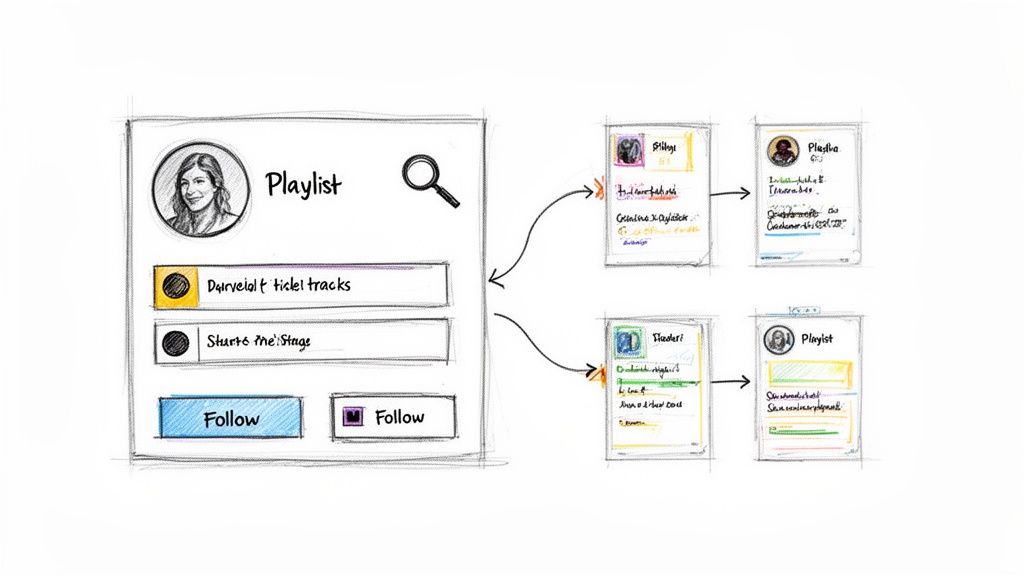 A hand-drawn sketch of a music app UI, showing a 'Playlist' screen with follow options and connected user profiles.