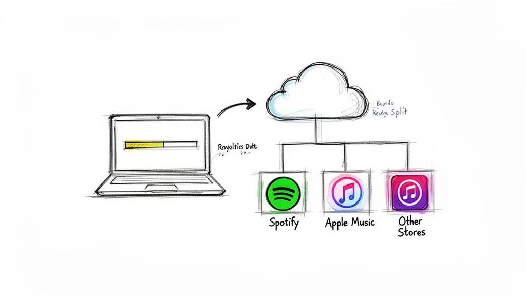 Sketch illustrating digital content upload to a cloud for distribution to Spotify, Apple Music, and other stores, managing royalties.