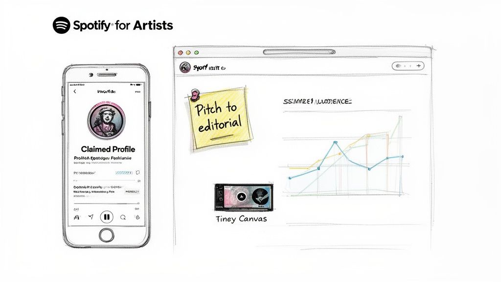 A sketch showing Spotify for Artists with a mobile profile and a web dashboard featuring a pitch note, analytics graph, and 'Tiney Canvas'.