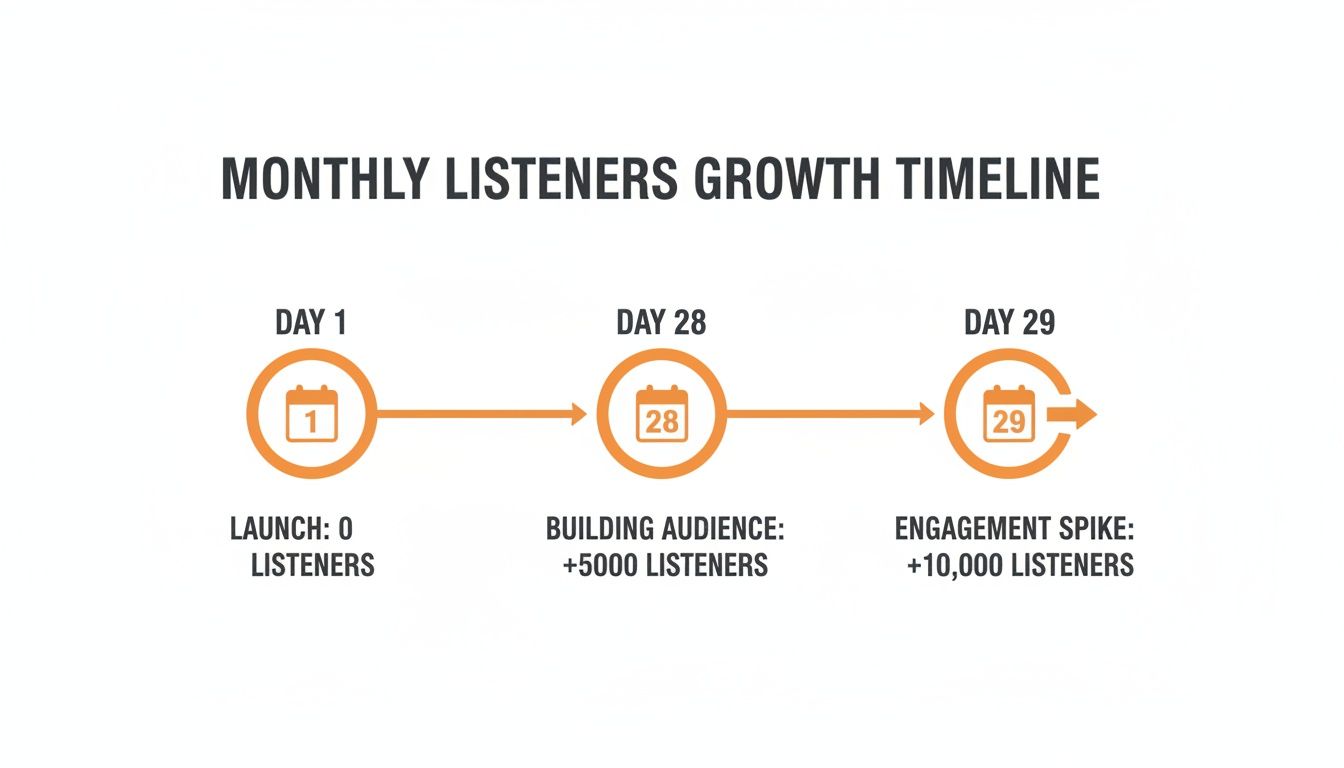 Timeline infographic showing monthly listener growth from 0 to 10,000 listeners in 29 days.